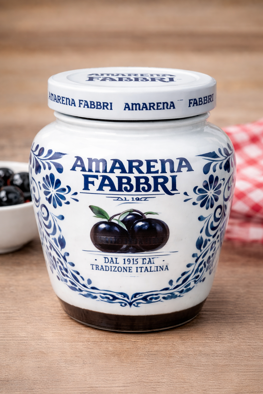 Pot de Amarena Fabbri sur bois
